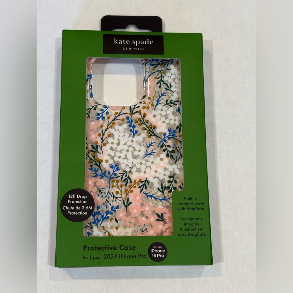 Kate Spade iPhone 16 Pro Protective Case Blue White Pink Floral Sequin Accents
